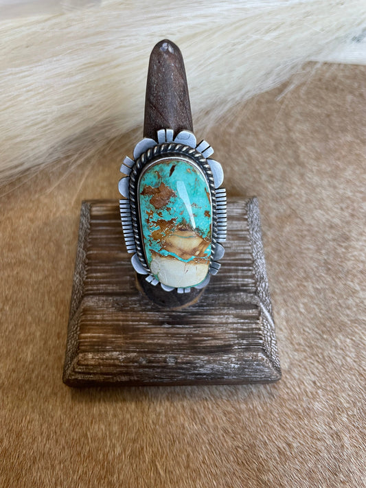 Handcrafted Turquoise & Sterling Silver Ring Size 8.5 Signed Russell Sam
