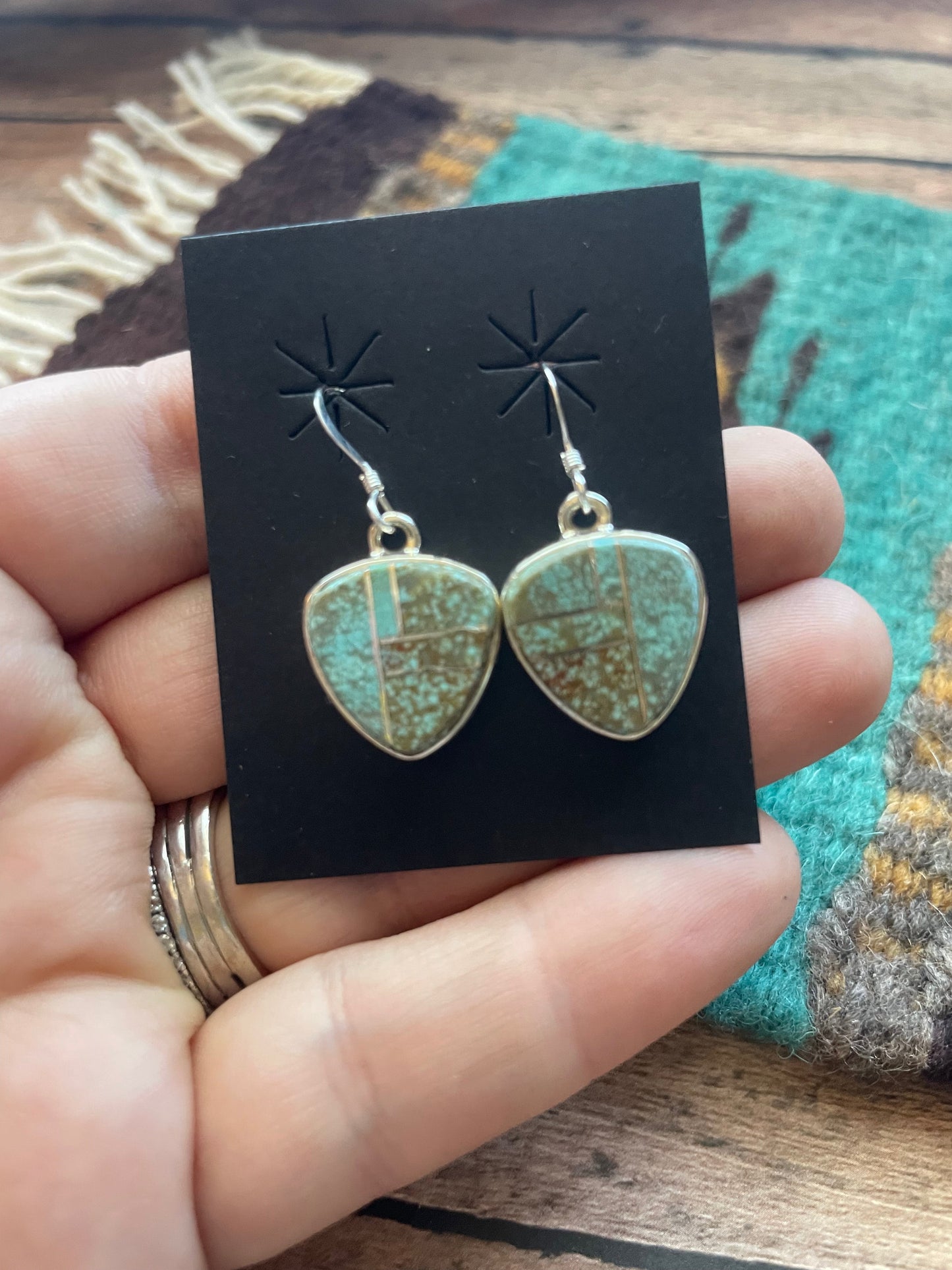 Handcrafted Number 8 Turquoise & Sterling Silver Inlay Dangle Earrings Signed