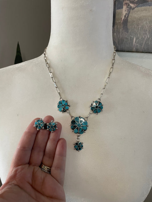 Handcrafted Sterling Silver & Turquoise Flower Necklace Earrings Set Signed