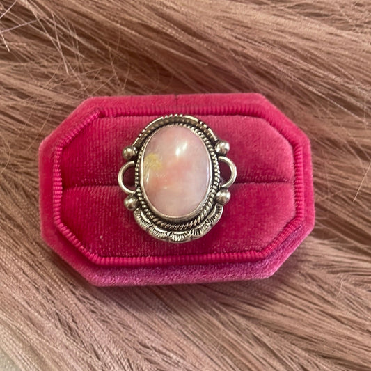 Gorgeous Handcrafted Pink Peruvian Opal And Sterling Silver Adjustable Ring