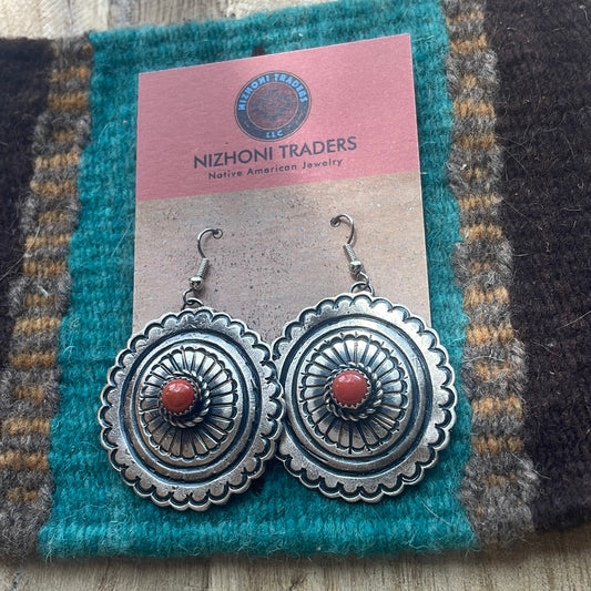 Beautiful Handcrafted Sterling Silver & Coral Dangle Earrings Signed