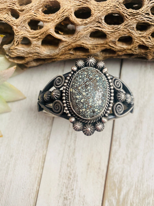 Handcrafted New Lander Turquoise & Sterling Silver Cuff Bracelet Signed