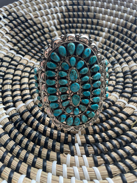 Handcrafted Sterling Silver & Turquoise Statement Cuff Bracelet Signed /