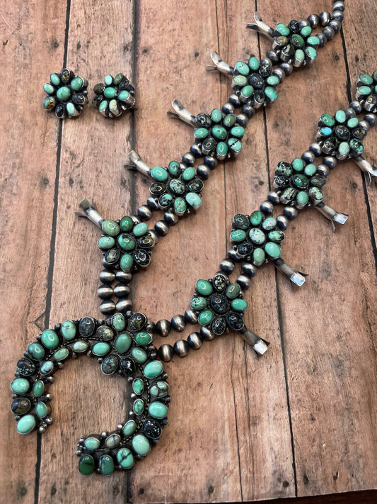 Handcrafted Carico Lake And Tibetan Turquoise Squash Necklace Earring Set Signed