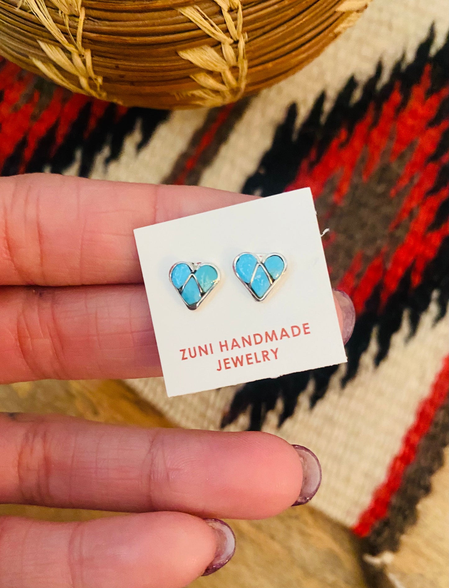 Handcrafted Sterling Silver & Turquoise Inlay Stud Heart Earrings
