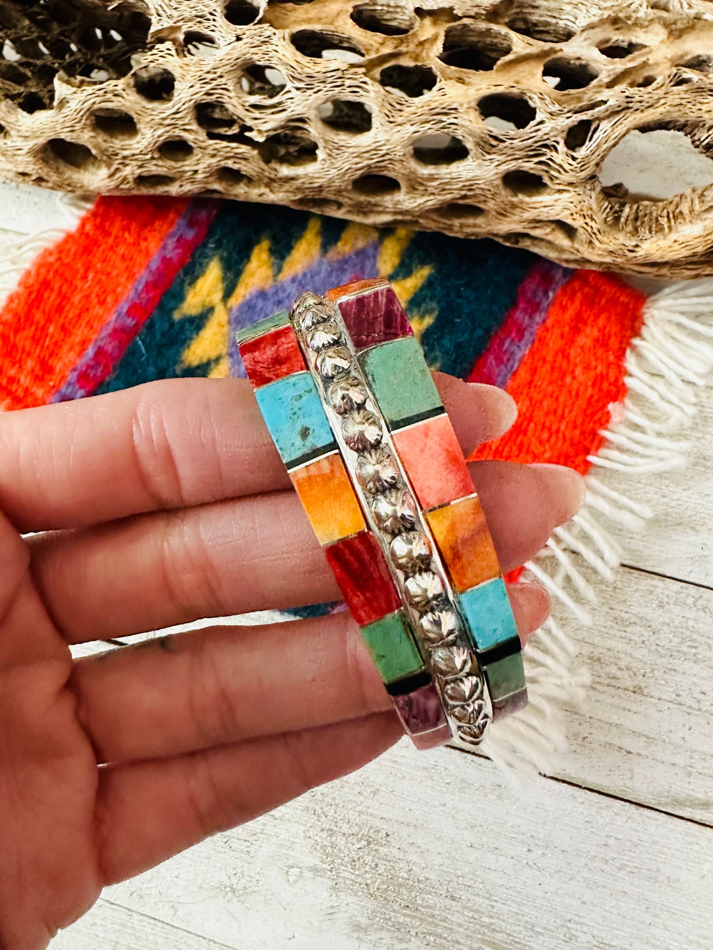 Handcrafted Multi Stone & Sterling Silver Inlay Cuff Bracelet