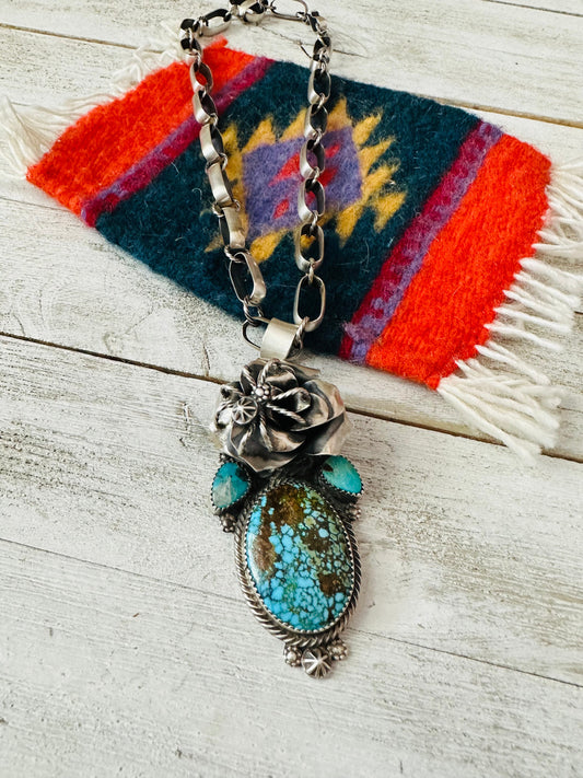Handcrafted Sterling Silver & Kingman Web Turquoise Flower Spider Necklace
