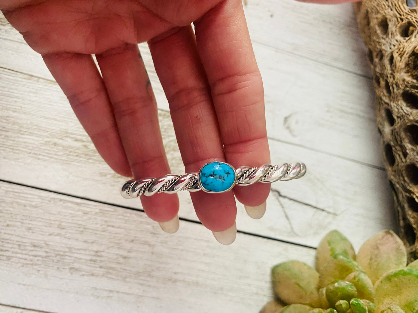 Handcrafted Twisted Sterling Silver & Kingman Turquoise Cuff Bracelet