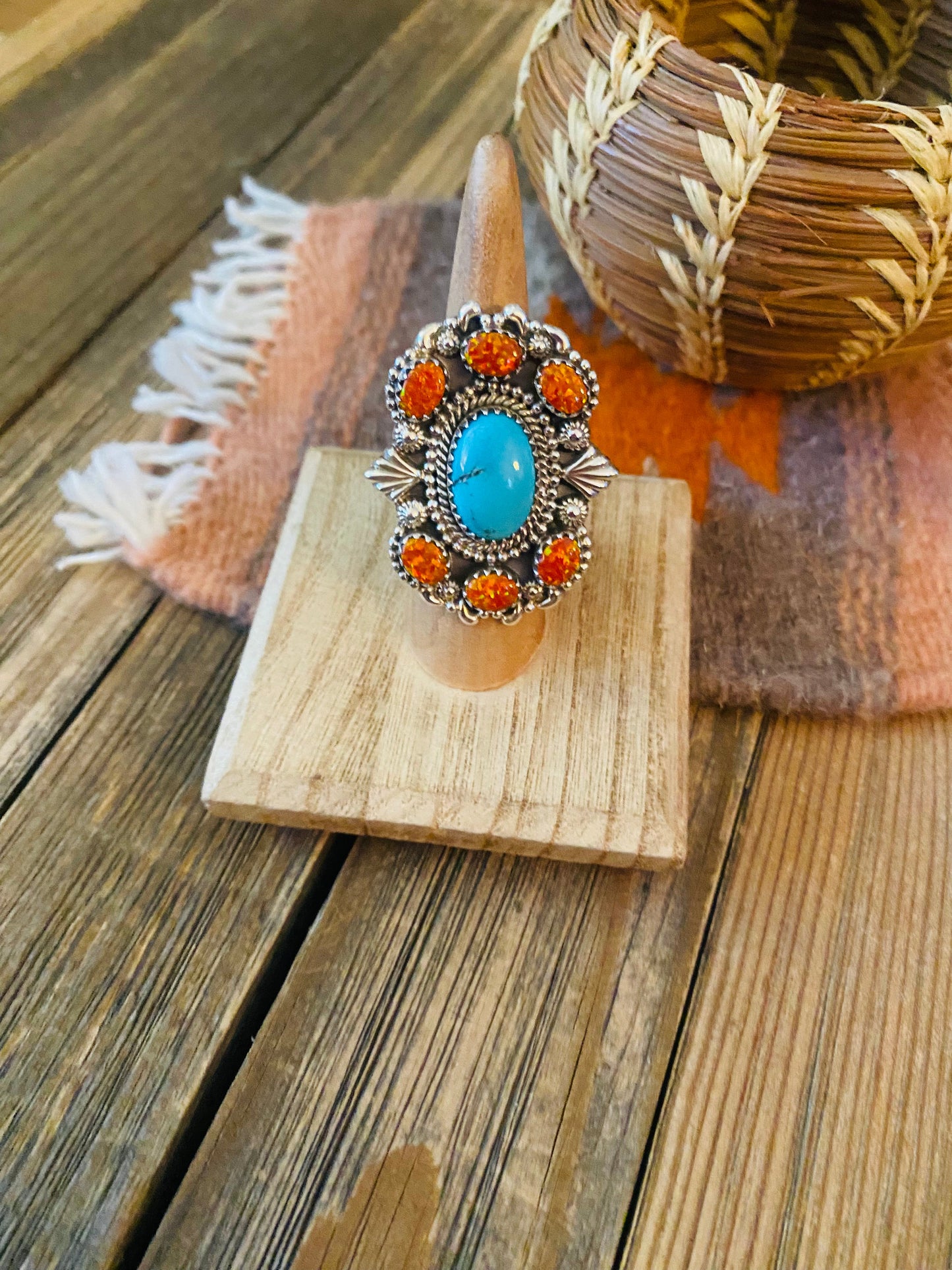 Handmade Sterling Silver, Turquoise & Opal Cluster Adjustable Ring