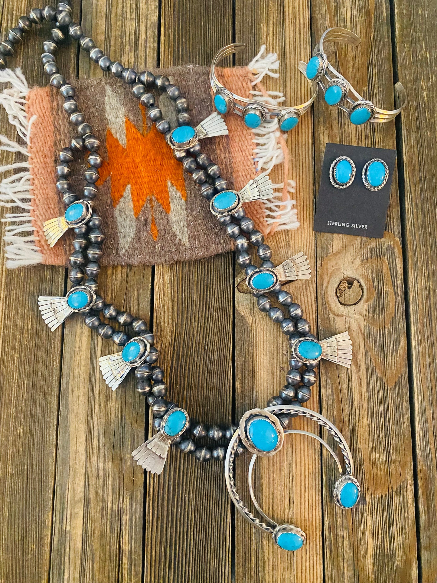 Old Pawn Vintage Handcrafted Turquoise And Sterling Silver 4 Piece Set