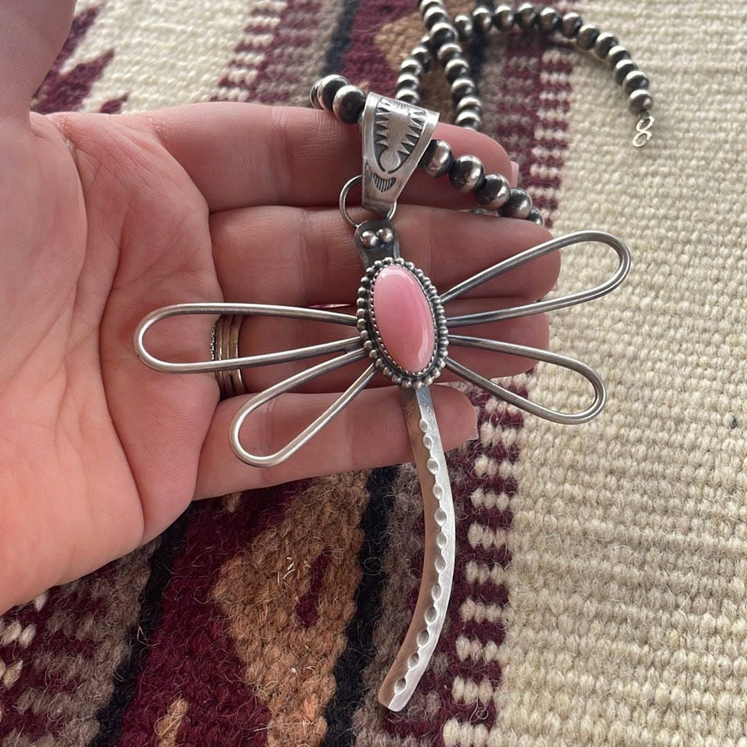 Handcrafted Pink Conch & Sterling Silver Dragonfly Pendant Signed
