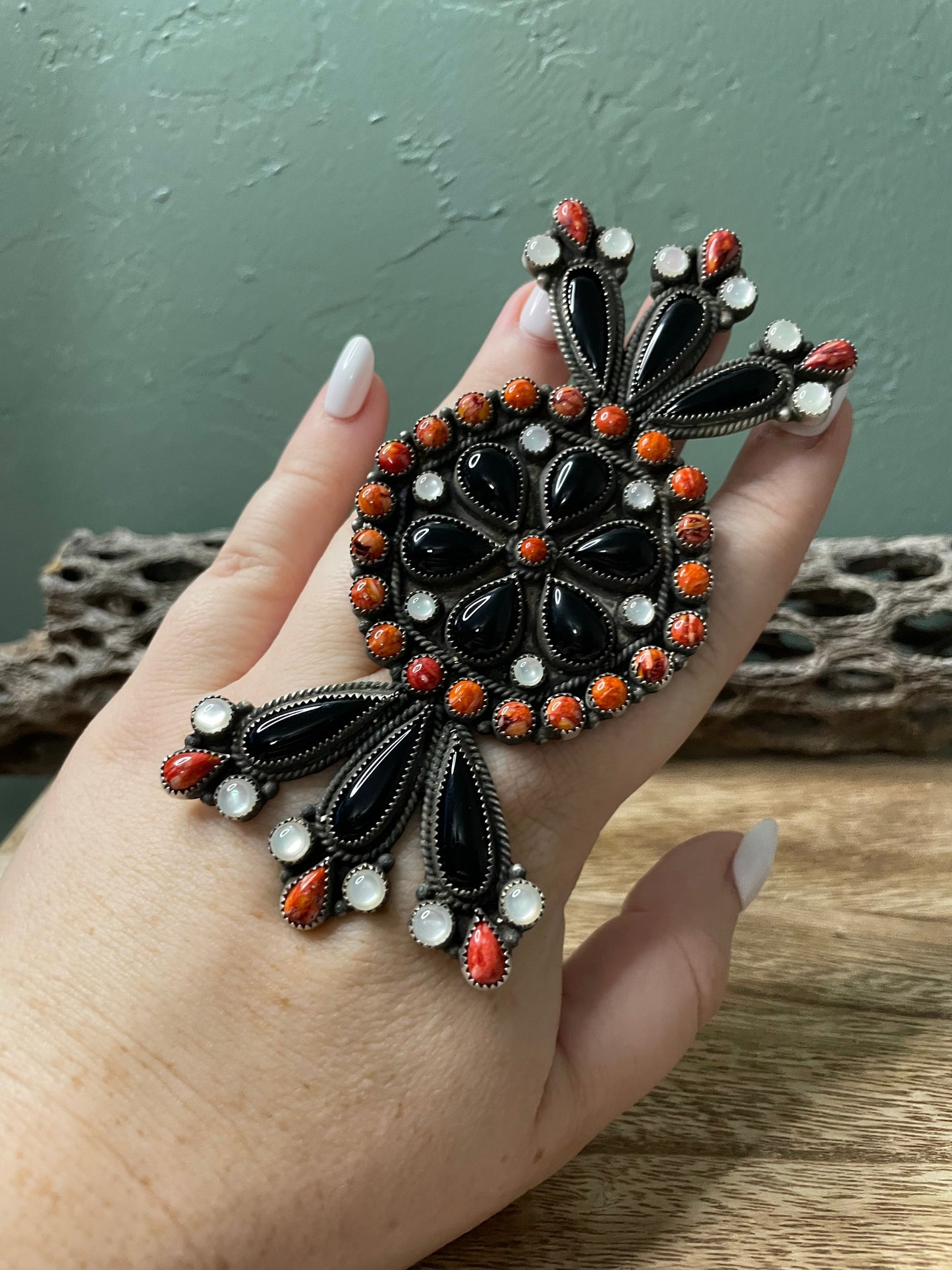 Handcrafted Sterling Silver Black Onyx And Orange Spiny Statement Ring Size 8 By Devon Brown