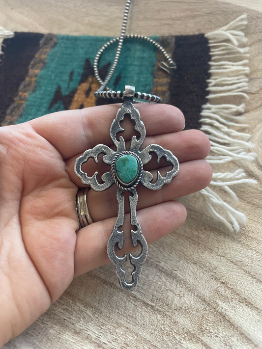 Handcrafted Sterling Silver & Turquoise Cross Pendant Signed Eugene Mitchell
