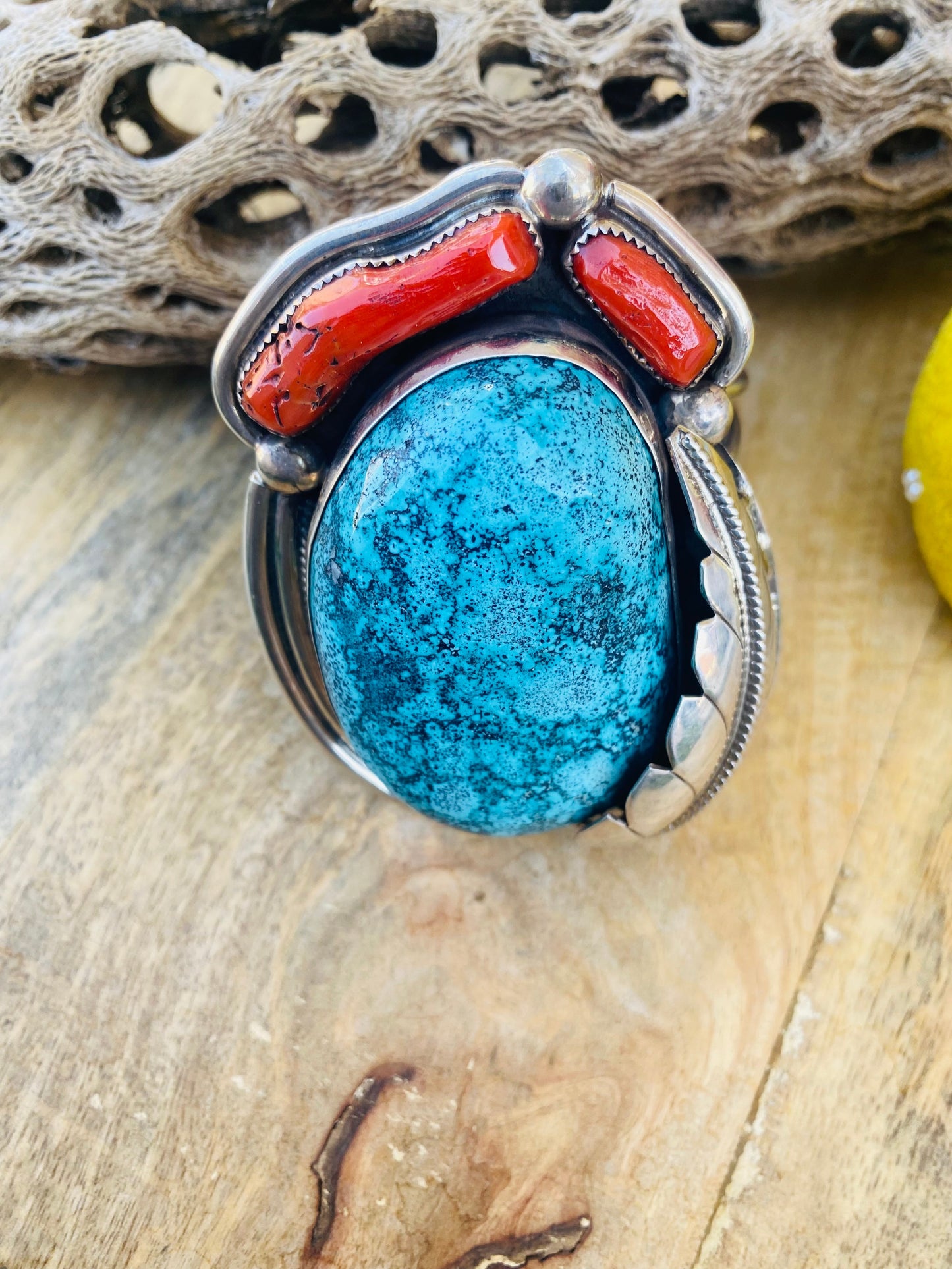 Incredible Navajo Handmade Bisbee Turquoise, Coral & Sterling Silver Jumbo Cuff Bracelet