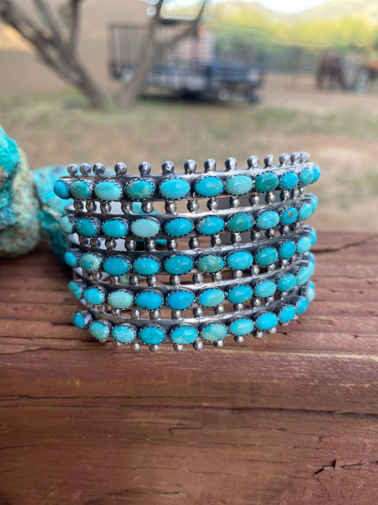 Mark Yazzie Handcrafted Sterling Silver & Carico Lake Turquoise Cuff Bracelet Signed /