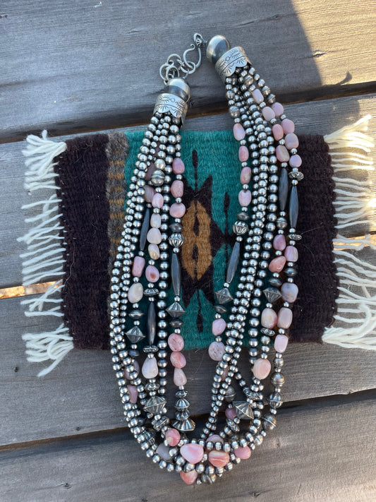 Handcrafted Sterling Silver Pink Conch 7 Strand Beaded Necklace 20-22inch