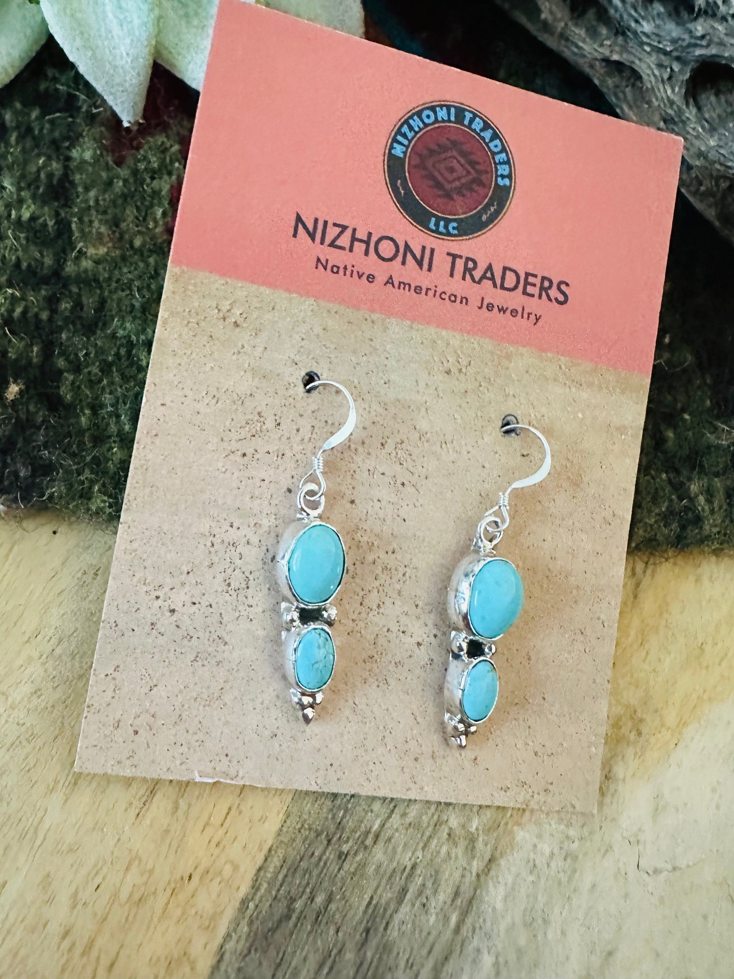 Navajo Turquoise & Sterling Silver Two Stone Dangle Earrings