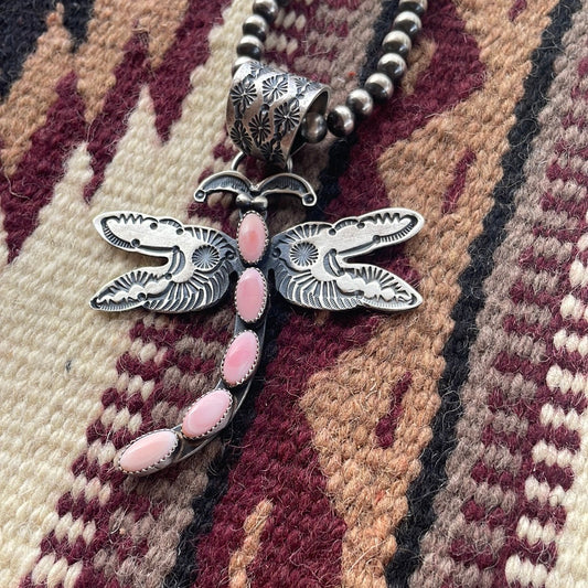 Handcrafted Pink Conch & Sterling Silver Dragonfly Pendant Signed E Billah