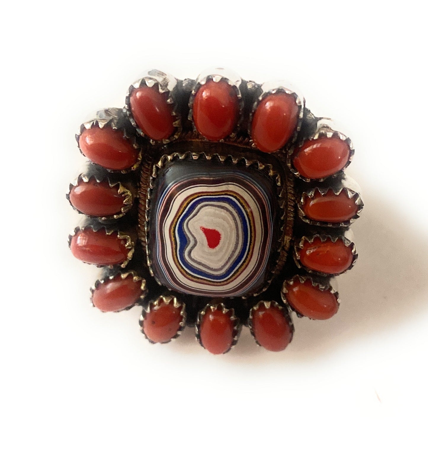 Handmade Sterling Silver, Fordite & Coral Cluster Adjustable Ring