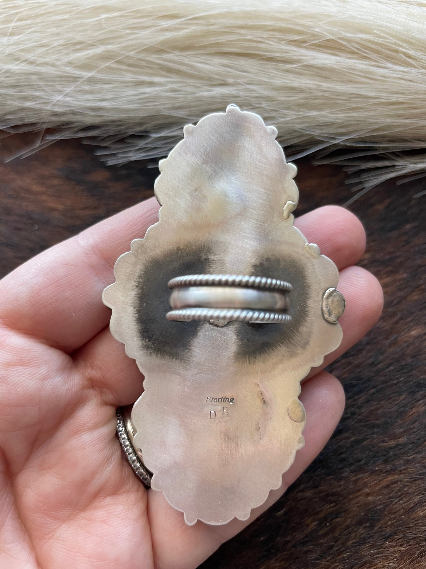 Devon Brown Handcrafted Sterling, Mother of Pearl Orange Spiny ring adjustable