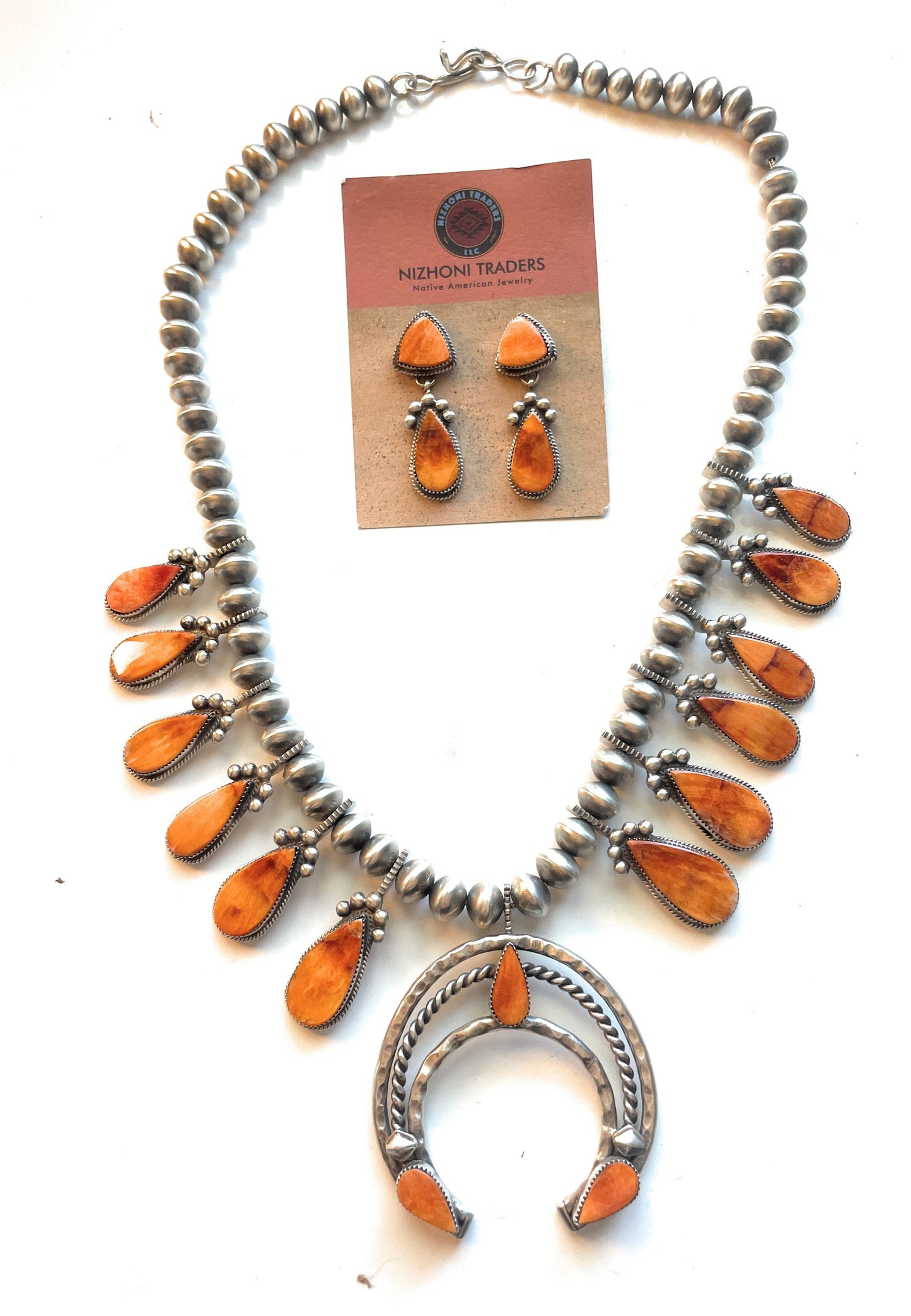 Handcrafted Orange Spiny And Sterling Silver Squash Blossom Necklace & Earrings Set By Selena Warner