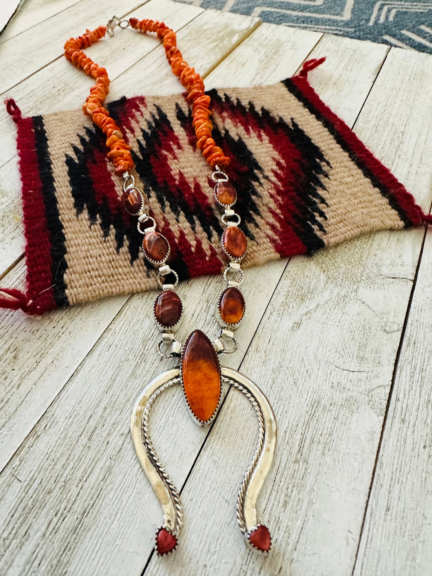 Handcrafted Sterling Silver & Orange Spiny Beaded Naja Necklace