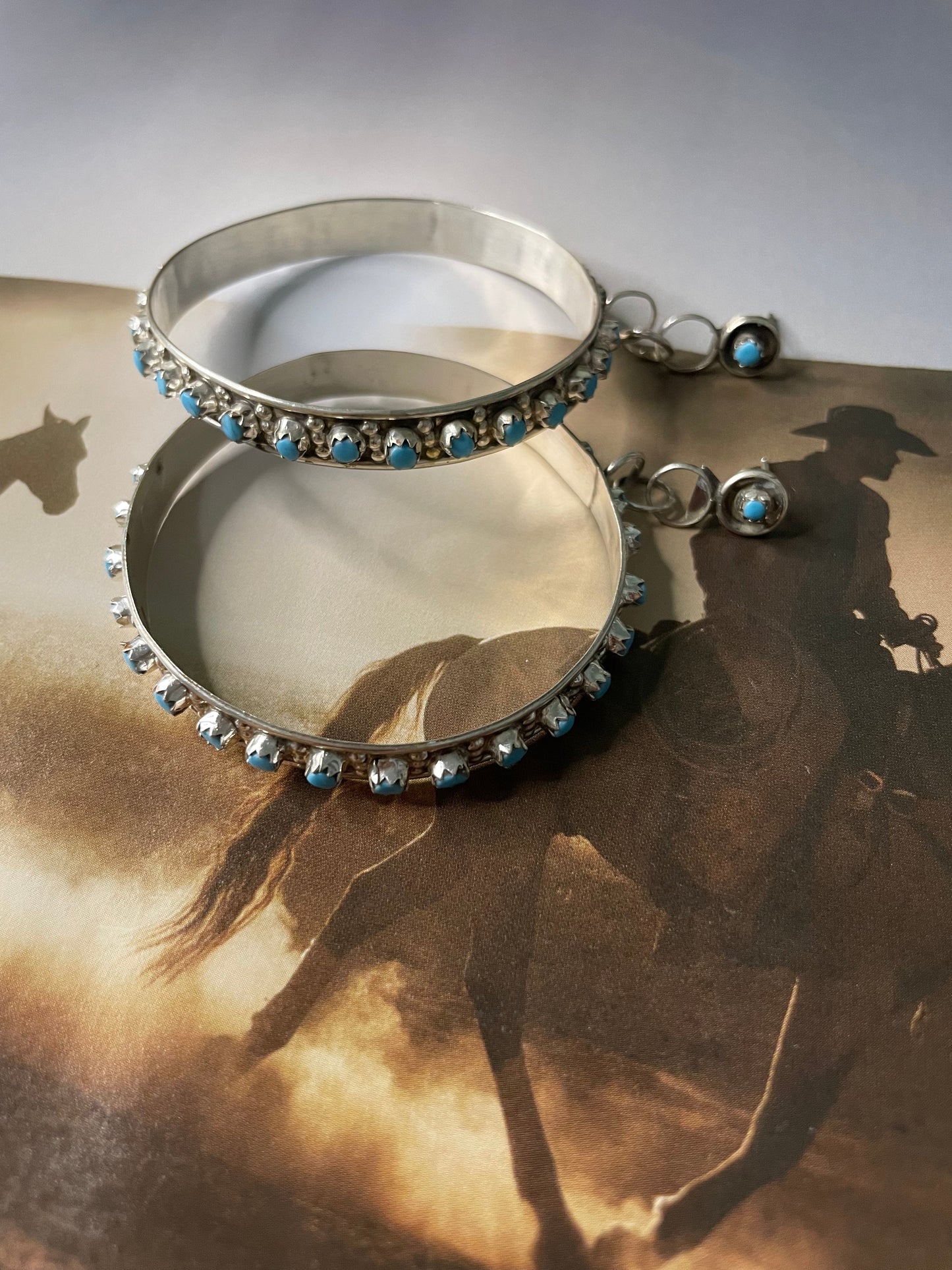 Navajo Sterling Silver And Turquoise Hoop Earrings