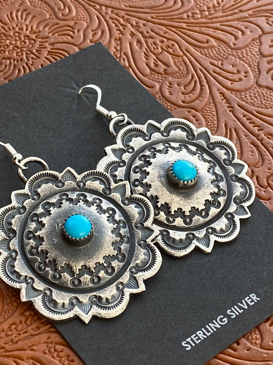 Handcrafted Turquoise & Sterling Silver Concho Dangle Earrings By Kevin Billah
