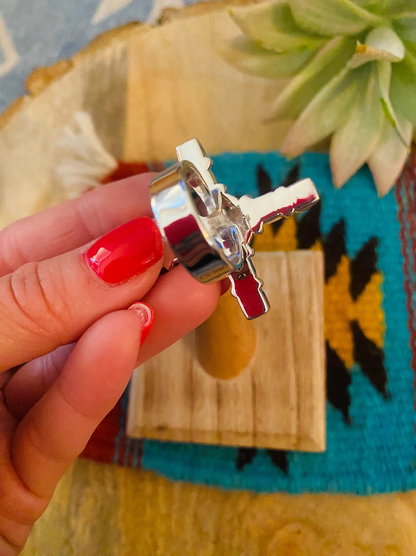 Beautiful Sterling Silver, Mother of Pearl & Turquoise Adjustable Ring