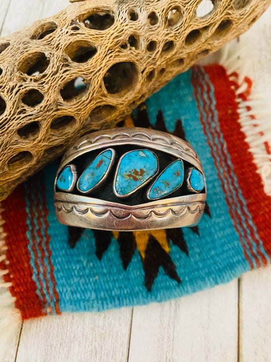Handcrafted Old Pawn Vintage Turquoise & Sterling Silver Cuff Bracelet /