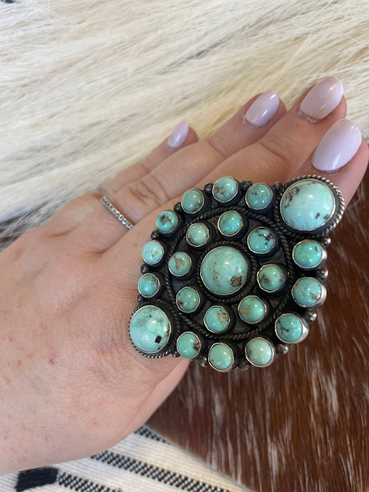 Handcrafted Sterling Silver & Turquoise Adjustable Statement Cluster Ring Signed