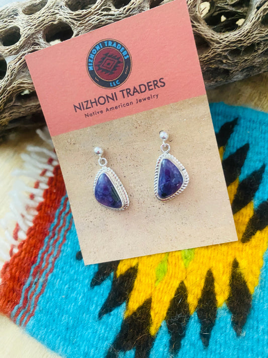 Handcrafted Charoite & Sterling Silver Dangle Earrings Signed