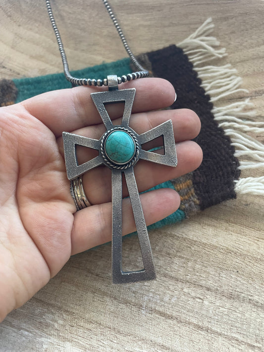 Handcrafted Sterling Silver & Turquoise Cross Pendant Signed Eugene Mitchell
