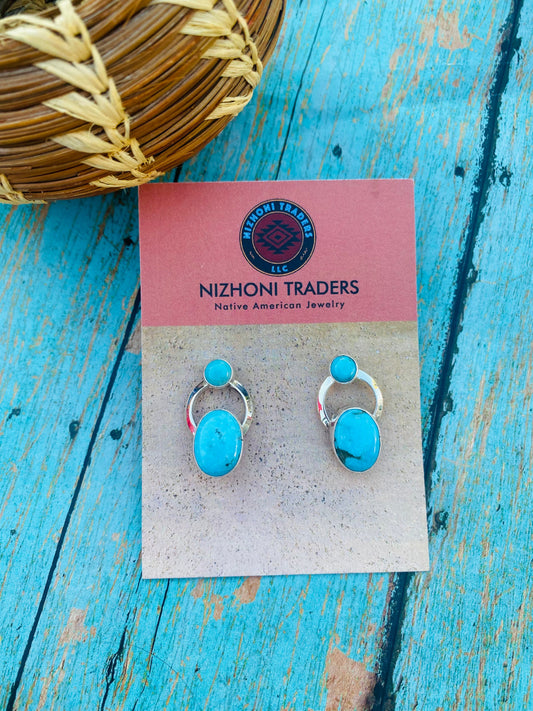 Handcrafted Kingman Turquoise & Sterling Silver Post Earrings Signed