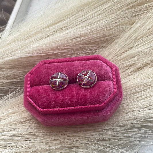 Handcrafted Pink Opal Inlay & Sterling Silver Stud Earrings