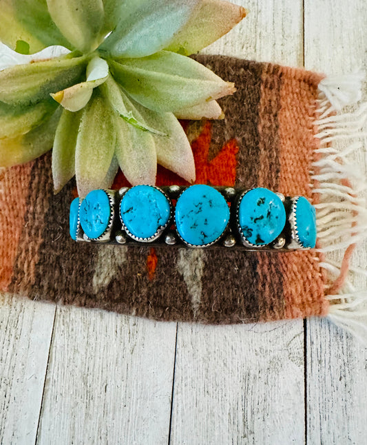 Navajo Old Pawn Vintage Kingman Turquoise & Sterling Silver Cuff Bracelet