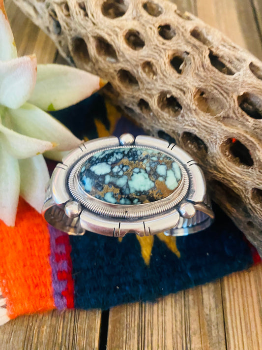 Handcrafted New Lander Turquoise & Sterling Silver Cuff Bracelet Signed