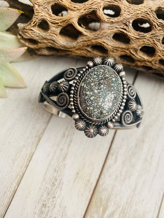 Handcrafted New Lander Turquoise & Sterling Silver Cuff Bracelet Signed