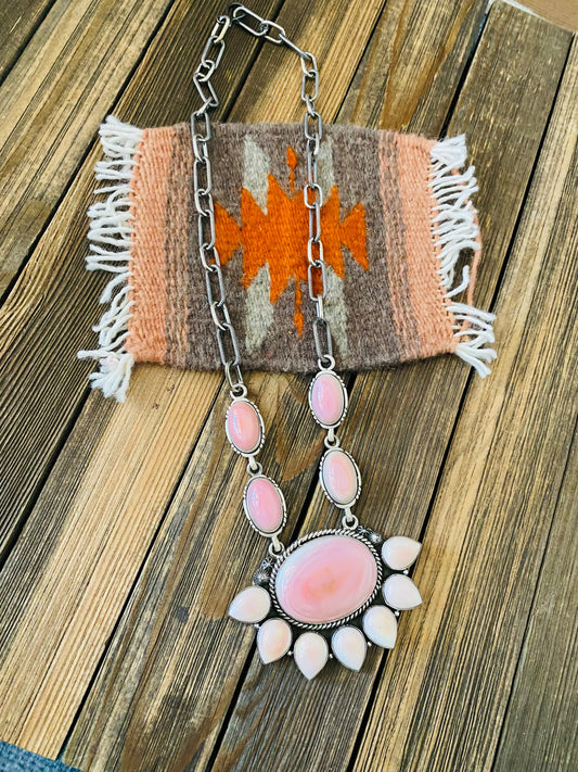 Handcrafted Queen Pink Conch Shell And Sterling Silver Cluster Necklace