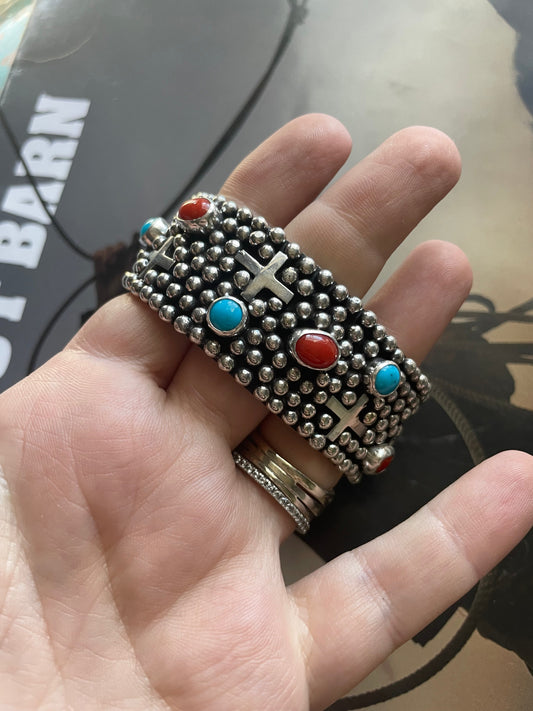Sterling Silver, Turquoise, & Coral Cross Cuff Bracelet By Ronnie Willie /