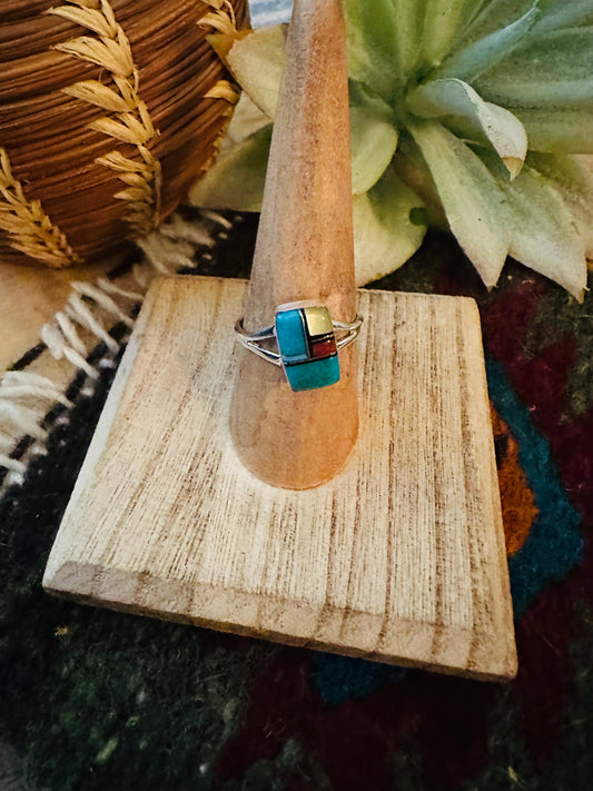 Handcrafted Sterling Silver & Multi Stone Inlay Ring Size 7.75