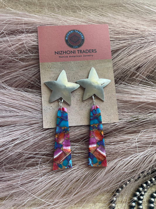 Handcrafted Sterling Silver & Pink Dream Slab Star Dangle Earrings