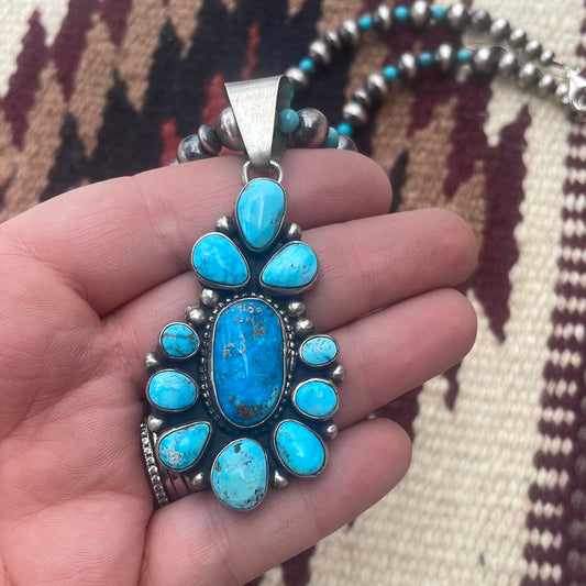 Handcrafted Sterling Silver & Turquoise Beaded Necklace With Pendant Signed Kathleen G