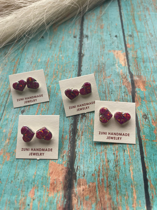 Handcrafted Sterling Silver & Pink Opal Inlay Heart Stud Earrings