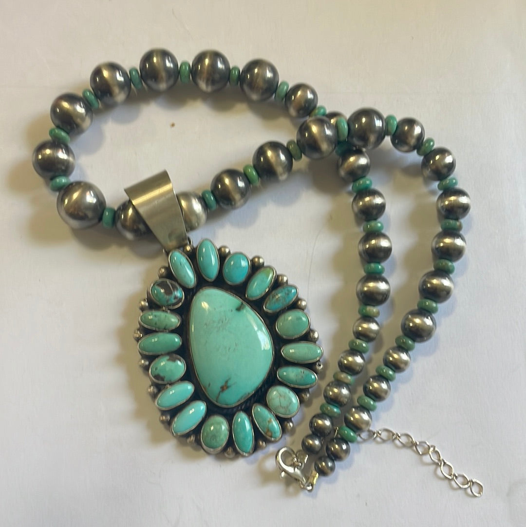 Beautiful Handcrafted Sterling Silver Beaded Turquoise Necklace With Pendant Signed Ella Peter