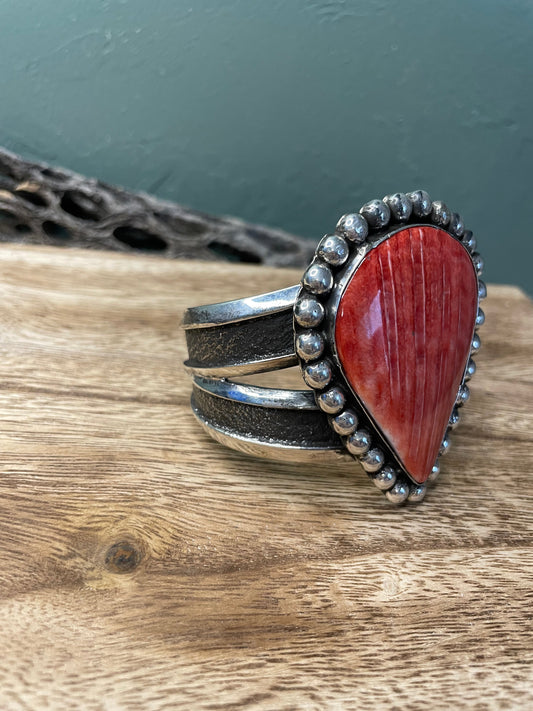 Handcrafted Orange Spiny And Sterling Silver Cuff Bracelet