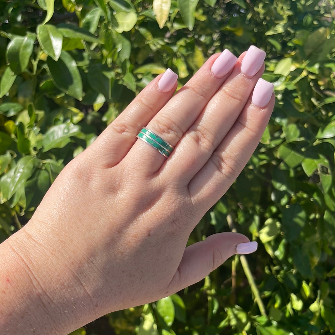 Handcrafted Double Row Green Turquoise 8 Stone Inlay Ring