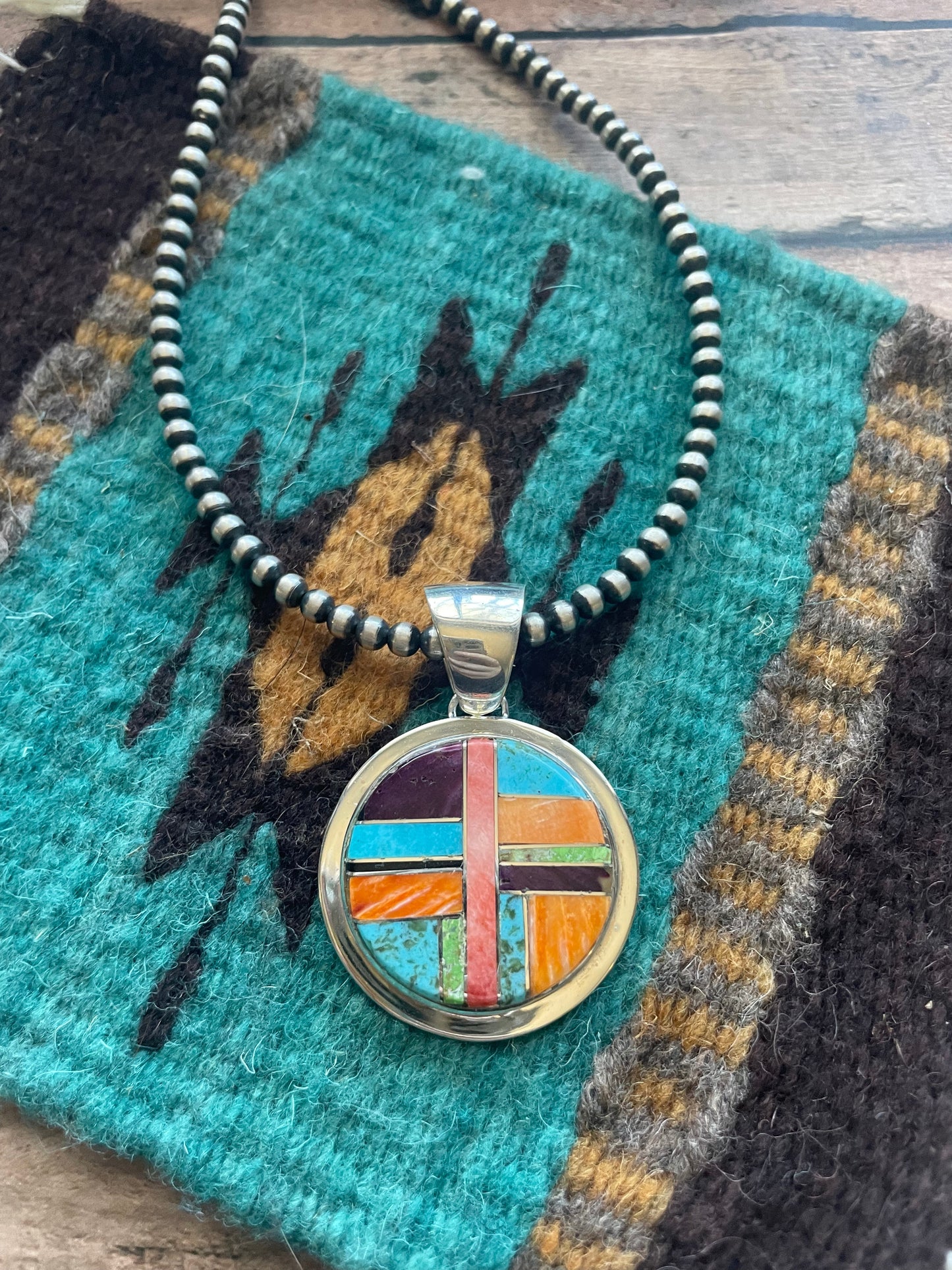 Handcrafted Multi Stone Inlay & Sterling Silver Circle Pendant