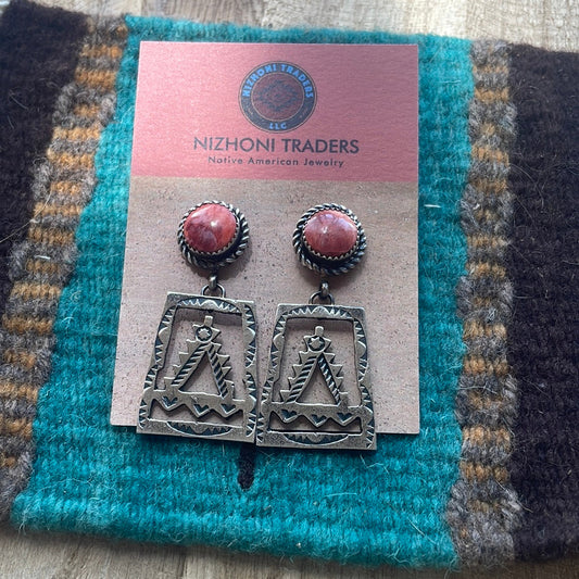 Beautiful Handcrafted Sterling Silver & Red Spiny Dangle Earrings Signed