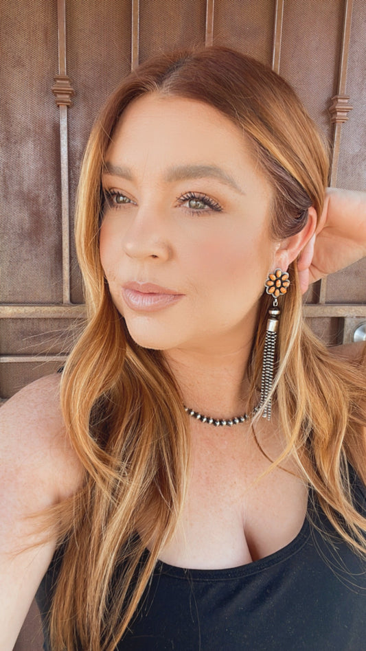 Handcrafted Sterling Silver Tassel Orange Spiny Flower Dangle Earrings Signed